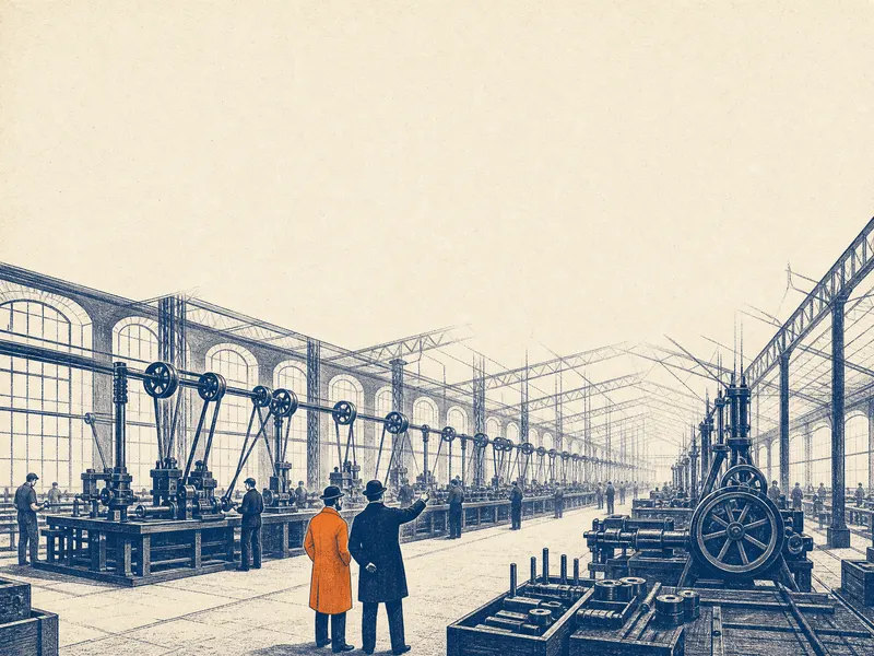 Een fabriekshal rond 1900 met een lange lopende band en machines aan drijfriemen. Vooraan legt iemand in het blauw de ander in het oranje uit hoe de lijn loopt.