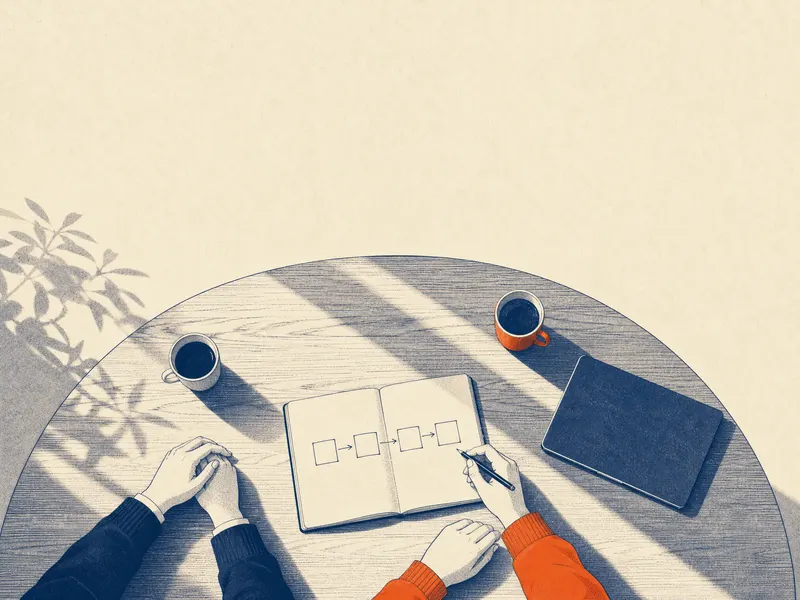 Een tafel van bovenaf gezien: een open notitieboek met een getekend proces van vakjes en pijlen, twee koppen koffie, een dichte laptop en twee paar handen in ochtendlicht.