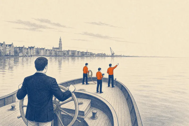Een sloep op het IJ in de ochtend. Een manager in een donkerblauw colbert staat met beide handen aan het stuurwiel, van achteren gezien. Op het voordek werken drie mensen in het oranje: een rolt een lijn op, een kijkt op een tablet, een wijst vooruit. Aan de horizon de Amsterdamse waterkant met een kerktoren en een havenkraan.